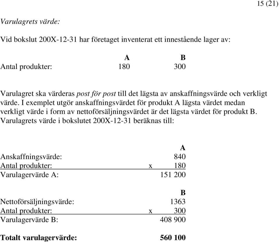 I exemplet utgör anskaffningsvärdet för produkt A lägsta värdet medan verkligt värde i form av nettoförsäljningsvärdet är det lägsta värdet för produkt B.