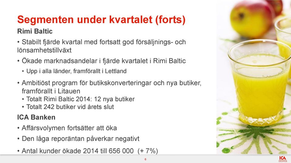 butikskonverteringar och nya butiker, framförallt i Litauen Totalt Rimi Baltic 2014: 12 nya butiker Totalt 242 butiker vid