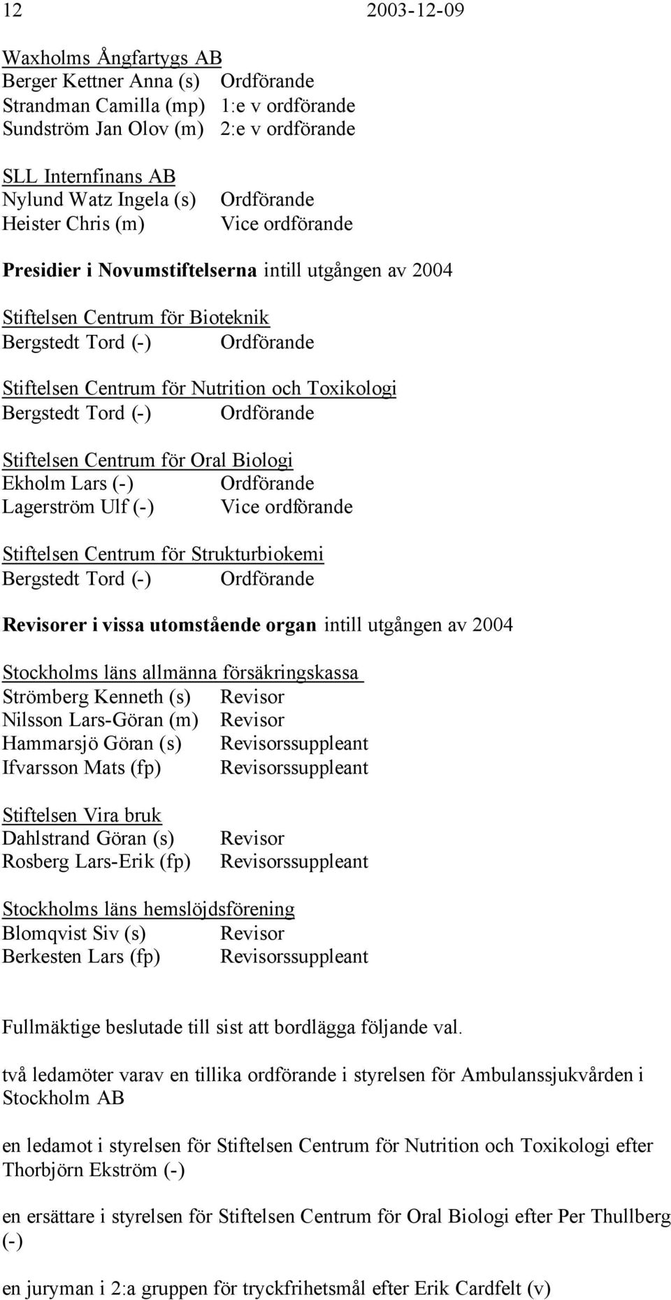 Toxikologi Bergstedt Tord (-) Ordförande Stiftelsen Centrum för Oral Biologi Ekholm Lars (-) Ordförande Lagerström Ulf (-) Vice ordförande Stiftelsen Centrum för Strukturbiokemi Bergstedt Tord (-)