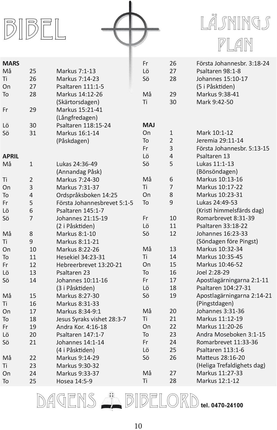 (2 i Påsktiden) Må 8 Markus 8:1-10 Ti 9 Markus 8:11-21 On 10 Markus 8:22-26 To 11 Hesekiel 34:23-31 Fr 12 Hebreerbrevet 13:20-21 Lö 13 Psaltaren 23 Sö 14 Johannes 10:11-16 (3 i Påsktiden) Må 15