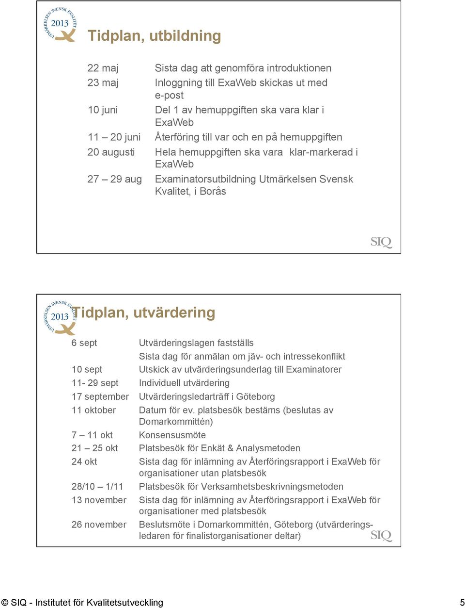 Utvärderingslagen fastställs Sista dag för anmälan om jäv- och intressekonflikt 10 sept Utskick av utvärderingsunderlag till Examinatorer 11-29 sept Individuell utvärdering 17 september