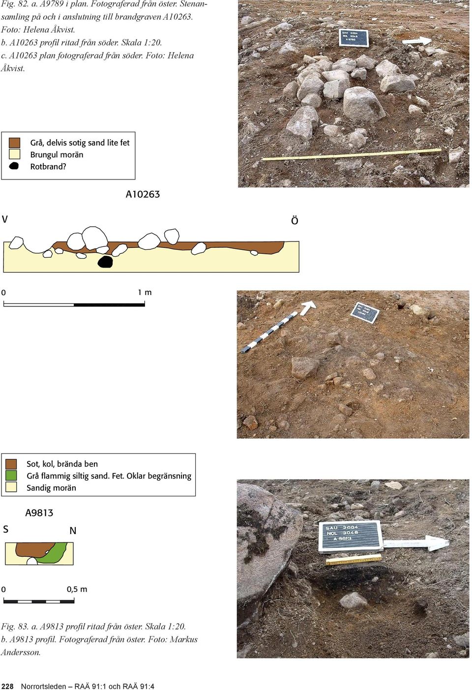 A10263 V Ö 0 1 m Sot, kol, brända ben Grå flammig siltig sand. Fet. Oklar begränsning Sandig morän A9813 S N 0 0,5 m Fig. 83. a.