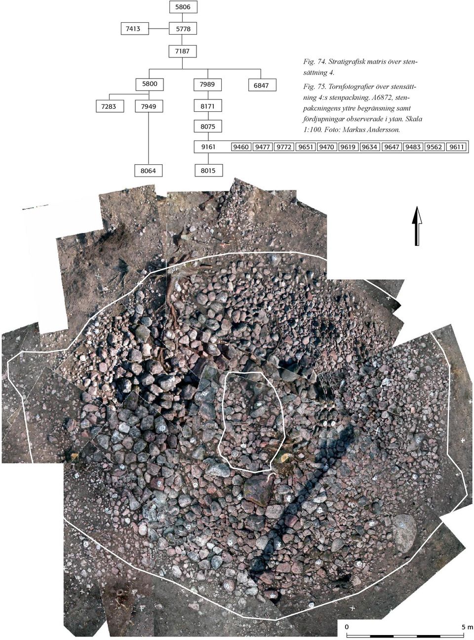 A6872, stenpakcningens yttre begränsning samt fördjupningar observerade i ytan. Skala 1:100.