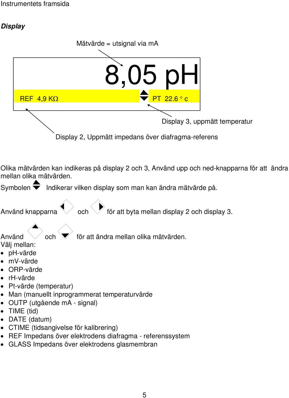 mätvärden. Symbolen Indikerar vilken display som man kan ändra mätvärde på. Använd knapparna och för att byta mellan display 2 och display 3. Använd och för att ändra mellan olika mätvärden.