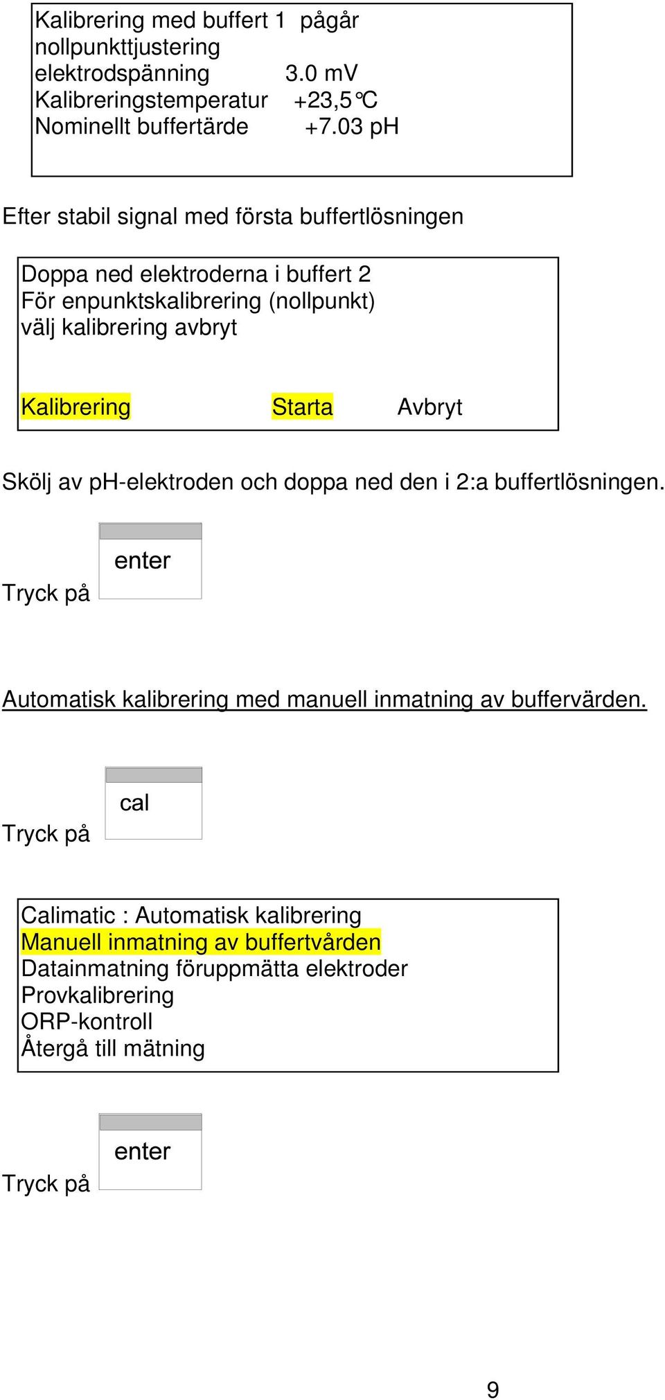 Kalibrering Starta Avbryt Skölj av ph-elektroden och doppa ned den i 2:a buffertlösningen.