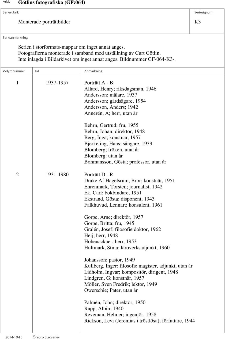 1 1937-1957 Porträtt A - B: Allard, Henry; riksdagsman, 1946 Andersson; målare, 1937 Andersson; gårdsägare, 1954 Andersson, Anders; 1942 Annerén, A; herr, utan år Behrn, Gertrud; fru, 1955 Behrn,