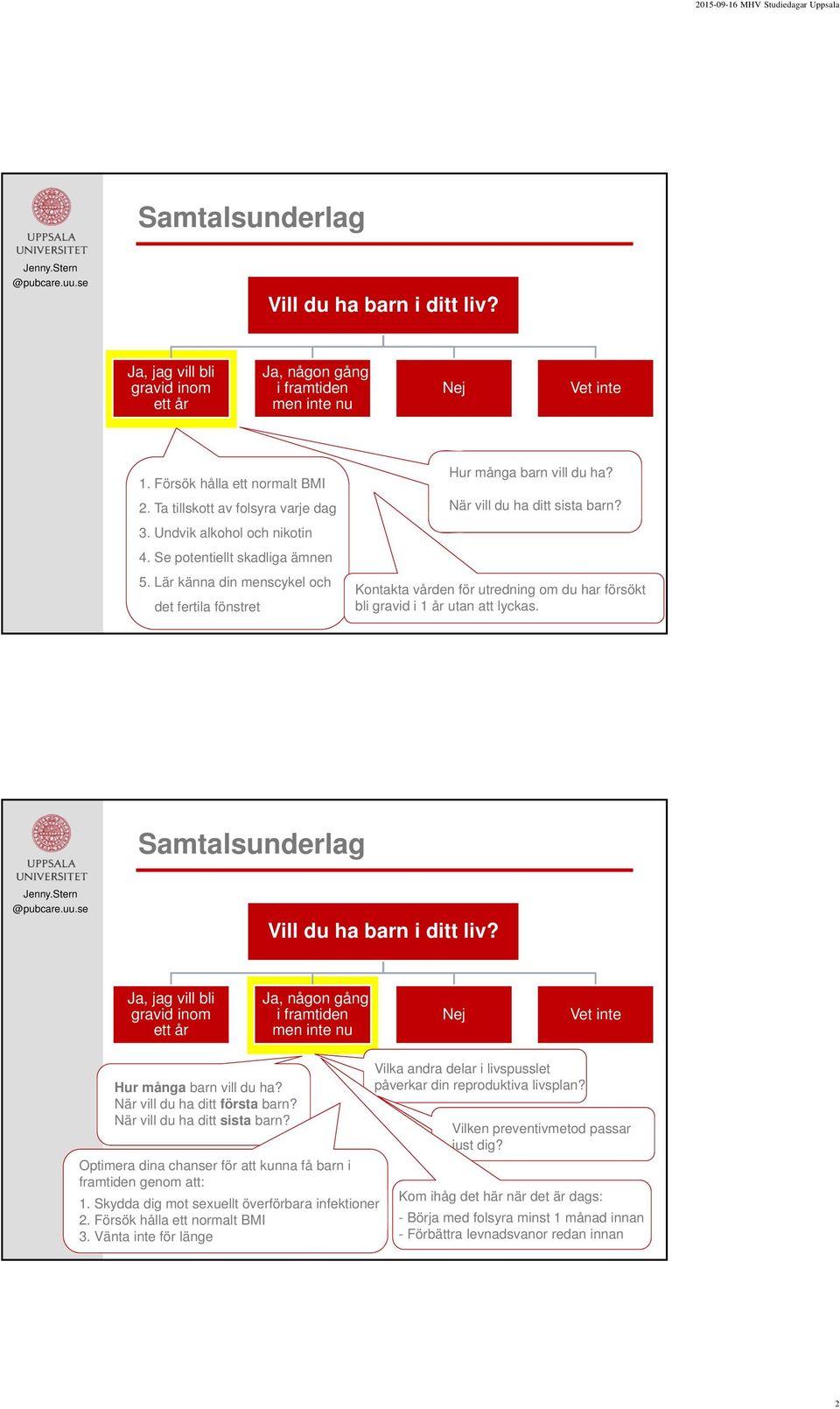 När vill du ha ditt sista barn? Kontakta vården för utredning om du har försökt bli gravid i 1 år utan att lyckas. Samtalsunderlag Vill du ha barn i ditt liv?