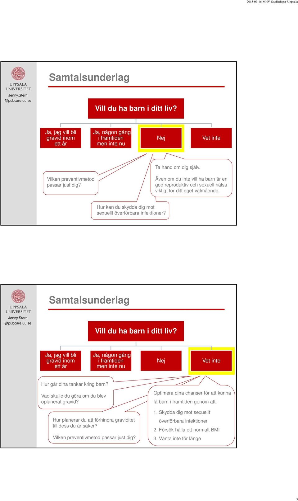 Samtalsunderlag Vill du ha barn i ditt liv? Ja, jag vill bli gravid inom ett år Ja, någon gång i framtiden men inte nu Nej Vet inte Hur går dina tankar kring barn?