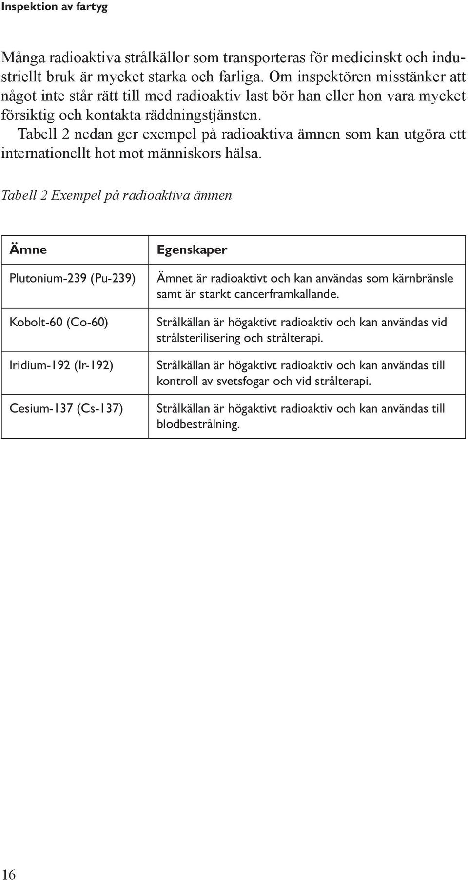 Tabell 2 nedan ger exempel på radioaktiva ämnen som kan utgöra ett internationellt hot mot människors hälsa.