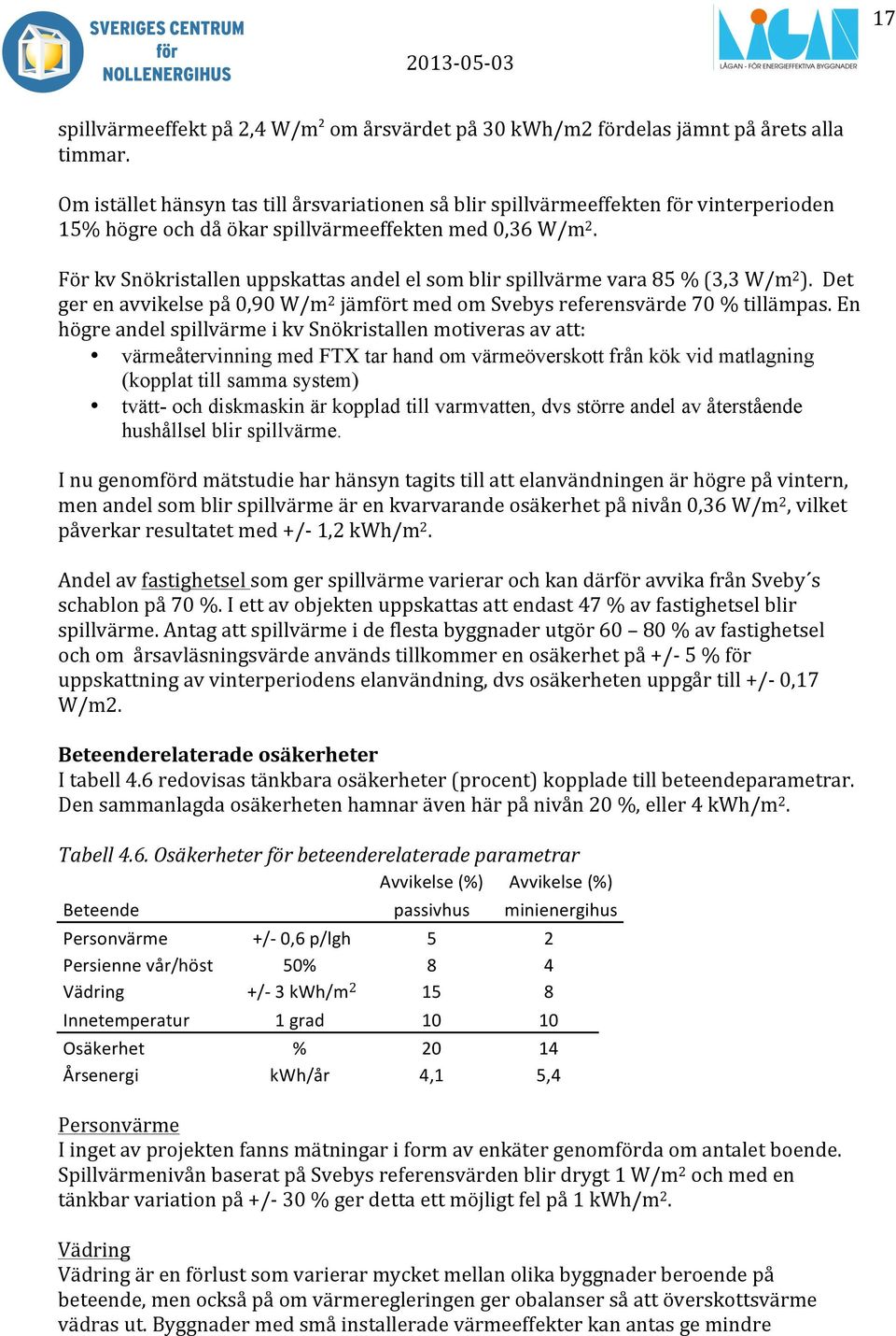 För kv Snökristallen uppskattas andel el som blir spillvärme vara 85 % (3,3 W/m 2 ). Det ger en avvikelse på 0,90 W/m 2 jämfört med om Svebys referensvärde 70 % tillämpas.