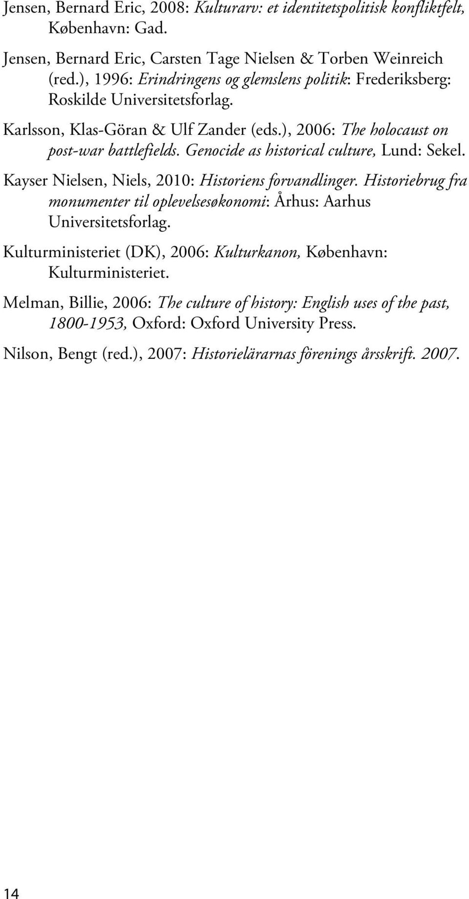 Genocide as historical culture, Lund: Sekel. Kayser Nielsen, Niels, 2010: Historiens forvandlinger. Historiebrug fra monumenter til oplevelsesøkonomi: Århus: Aarhus Universitetsforlag.