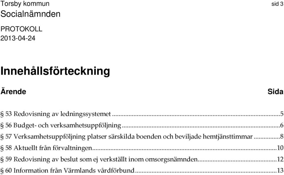 .. 6 57 Verksamhetsuppföljning platser särskilda boenden och beviljade hemtjänsttimmar.