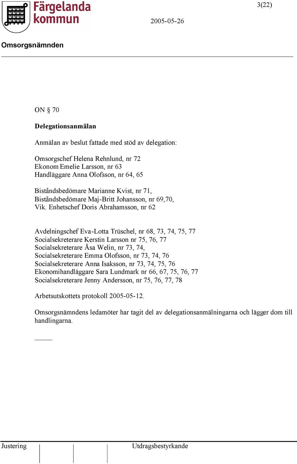 Enhetschef Doris Abrahamsson, nr 62 Avdelningschef Eva-Lotta Trüschel, nr 68, 73, 74, 75, 77 Socialsekreterare Kerstin Larsson nr 75, 76, 77 Socialsekreterare Åsa Welin, nr 73, 74,