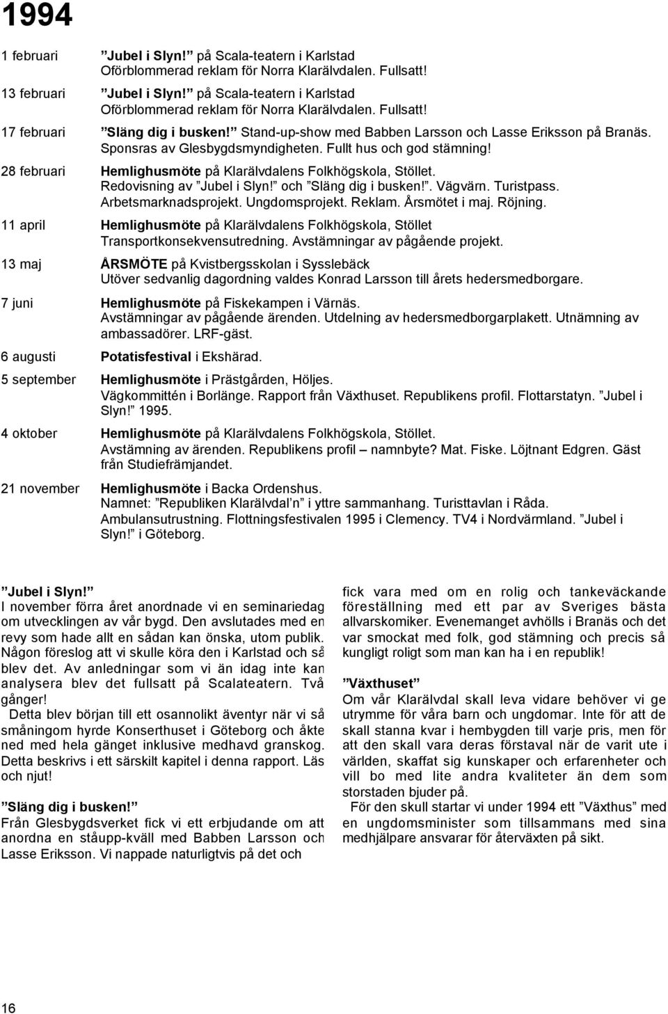 Sponsras av Glesbygdsmyndigheten. Fullt hus och god stämning! 28 februari Hemlighusmöte på Klarälvdalens Folkhögskola, Stöllet. Redovisning av Jubel i Slyn! och Släng dig i busken!. Vägvärn.