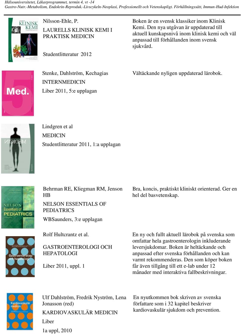 Stenke, Dahlström, Kechagias INTERNMEDICIN Liber 2011, 5:e upplagan Vältäckande nyligen uppdaterad lärobok.