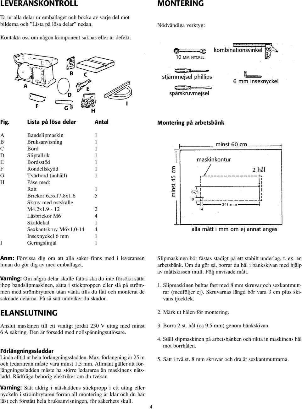 Lista på lösa delar Antal Montering på arbetsbänk A Bandslipmaskin 1 B Bruksanvisning 1 C Bord 1 D Sliptallrik 1 E Bordsstöd 1 F Rondellskydd 1 G Tvärbord (anhåll) 1 H Påse med: Ratt 1 Brickor 6.
