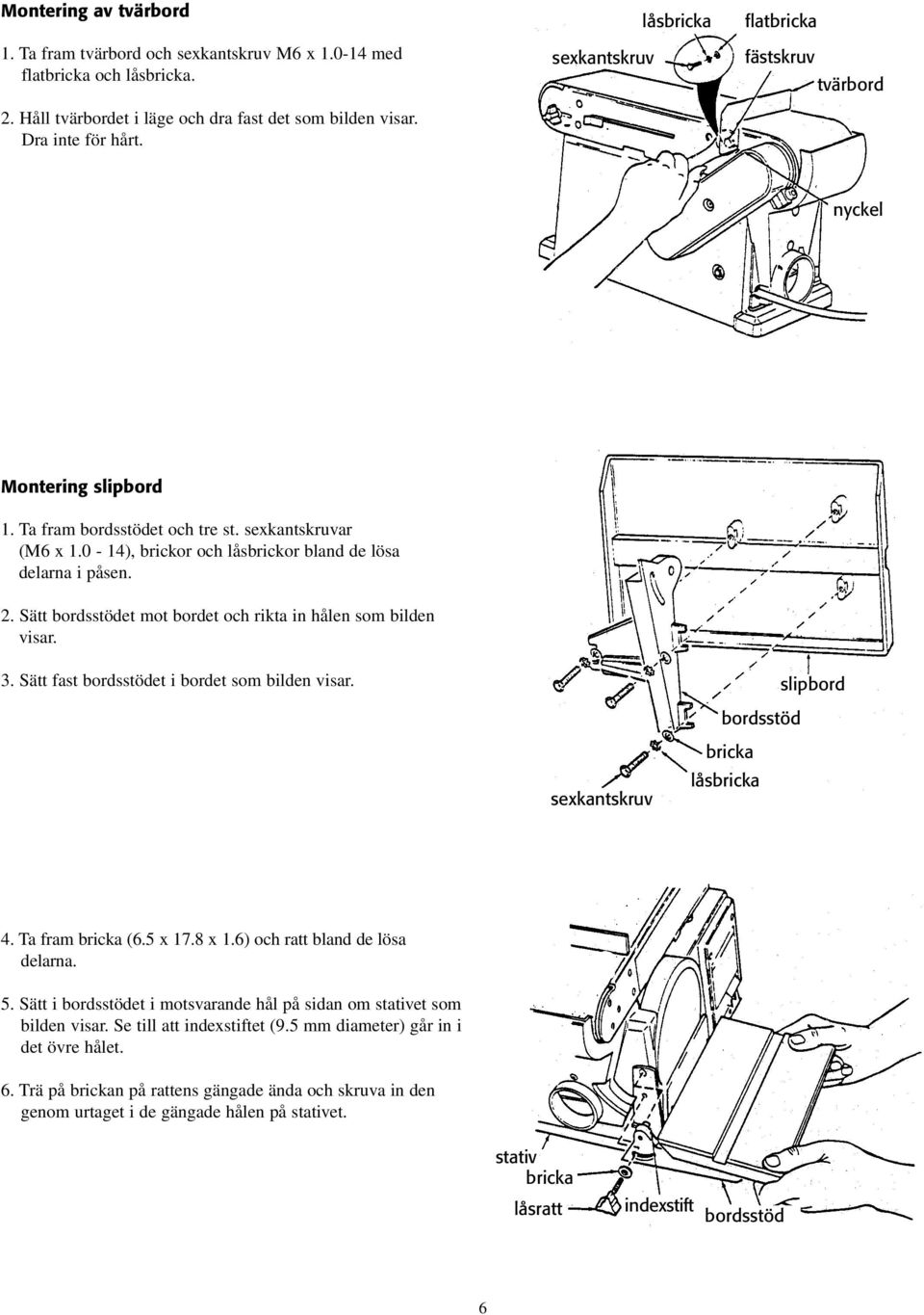 Sätt bordsstödet mot bordet och rikta in hålen som bilden visar. 3. Sätt fast bordsstödet i bordet som bilden visar. sexkantskruv slipbord bordsstöd bricka låsbricka 4. Ta fram bricka (6.5 x 17.8 x 1.