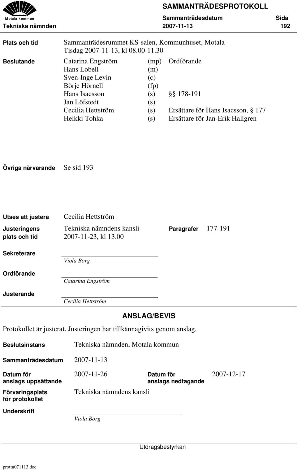 177 Heikki Tohka (s) Ersättare för Jan-Erik Hallgren Övriga närvarande Se sid 193 Utses att justera Justeringens plats och tid Cecilia Hettström Tekniska nämndens kansli 2007-11-23, kl 13.