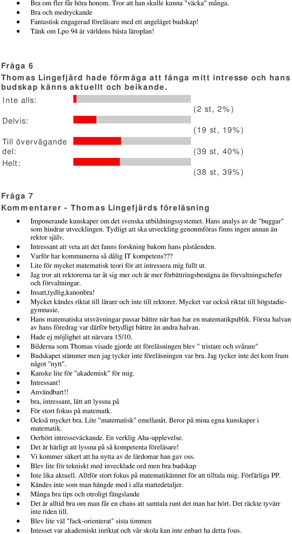 Inte alls: (2 st, 2%) Delvis: (19 st, 19%) Till övervägande del: (39 st, 40%) Helt: (38 st, 39%) Fråga 7 Kommentarer - Thomas Lingefjärds föreläsning Imponerande kunskaper om det svenska