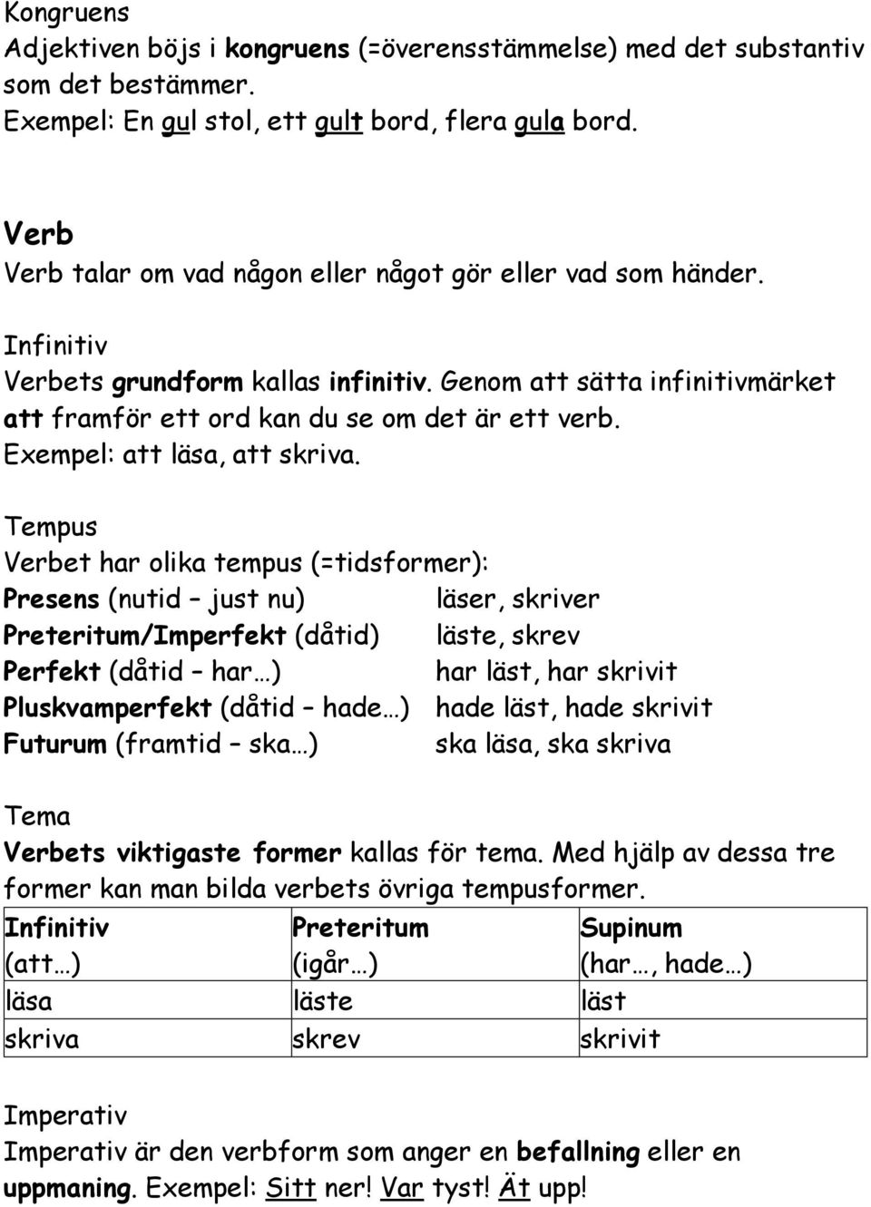 Exempel: att läsa, att skriva.