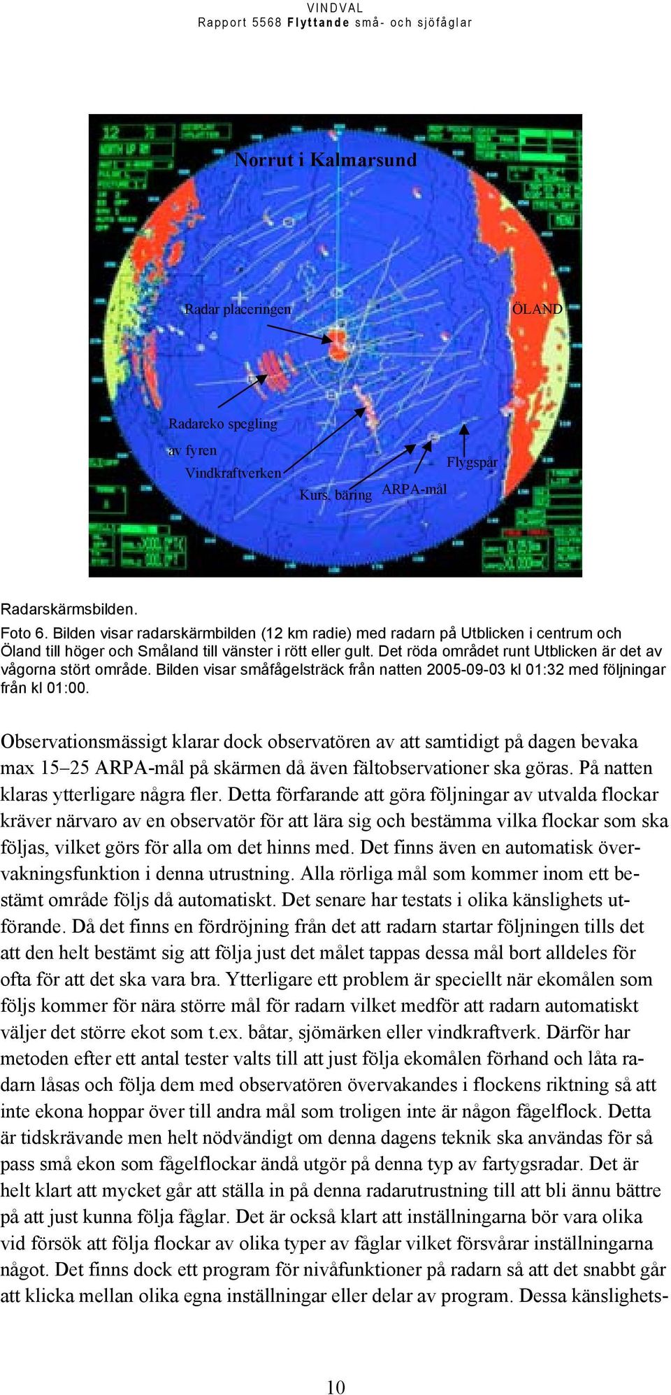 Det röda området runt Utblicken är det av vågorna stört område. Bilden visar småfågelsträck från natten 2005-09-03 kl 01:32 med följningar från kl 01:00.