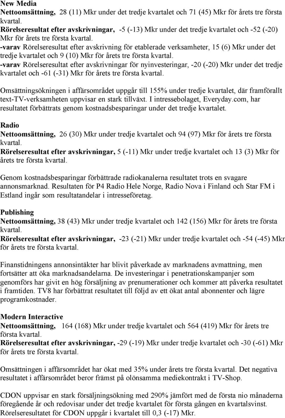 -varav Rörelseresultat efter avskrivning för etablerade verksamheter, 15 (6) Mkr under det tredje kvartalet och 9 (10) Mkr för årets tre första kvartal.