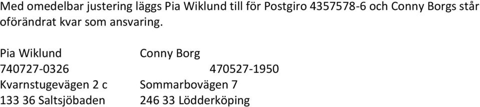 Pia Wiklund Conny Borg 740727-0326 470527-1950