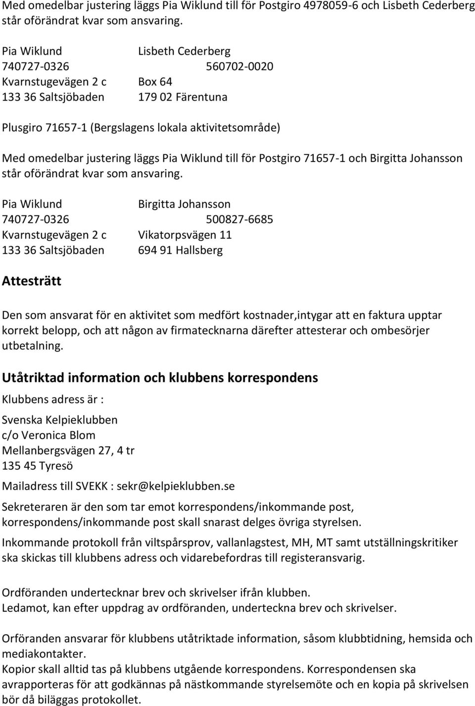 läggs Pia Wiklund till för Postgiro 71657-1 och Birgitta Johansson står oförändrat kvar som ansvaring.