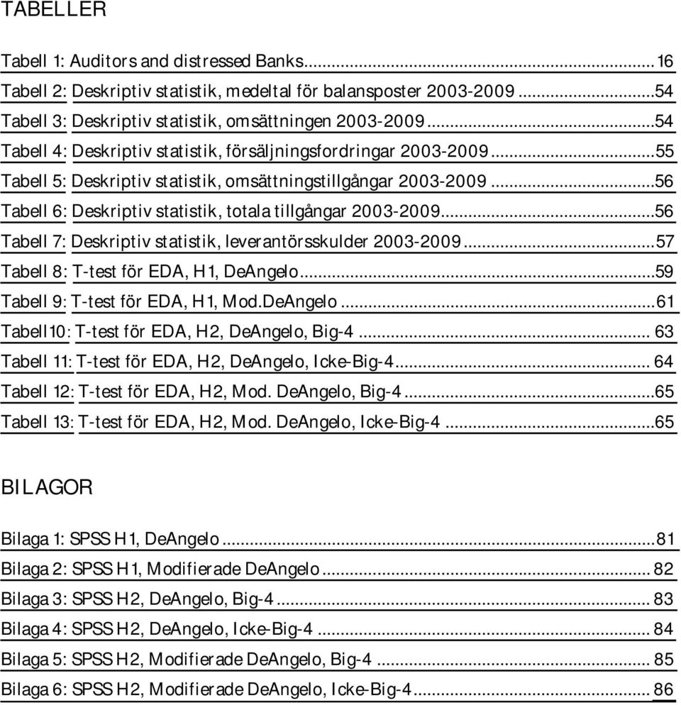 ..56 Tabell 6: Deskriptiv statistik, totala tillgångar 2003-2009...56 Tabell 7: Deskriptiv statistik, leverantörsskulder 2003-2009... 57 Tabell 8: T-test för EDA, H1, DeAngelo.