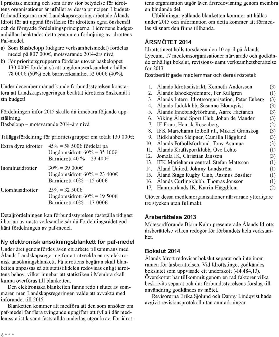 I idrottens budgetanhållan beaktades detta genom en förhöjning av idrottens Paf-medel. a) Som Basbelopp (tidigare verksamhetsmedel) fördelas medel på 807 000, motsvarande 2014-års nivå.