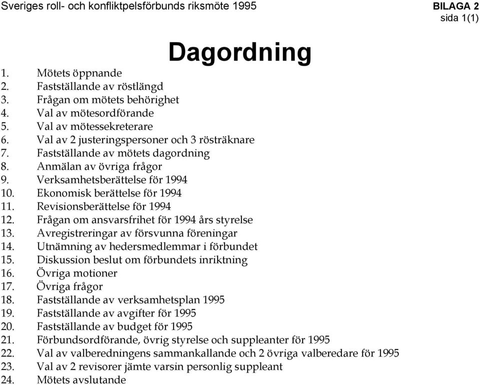 Ekonomisk berättelse för 1994 11. Revisionsberättelse för 1994 12. Frågan om ansvarsfrihet för 1994 års styrelse 13. Avregistreringar av försvunna föreningar 14.