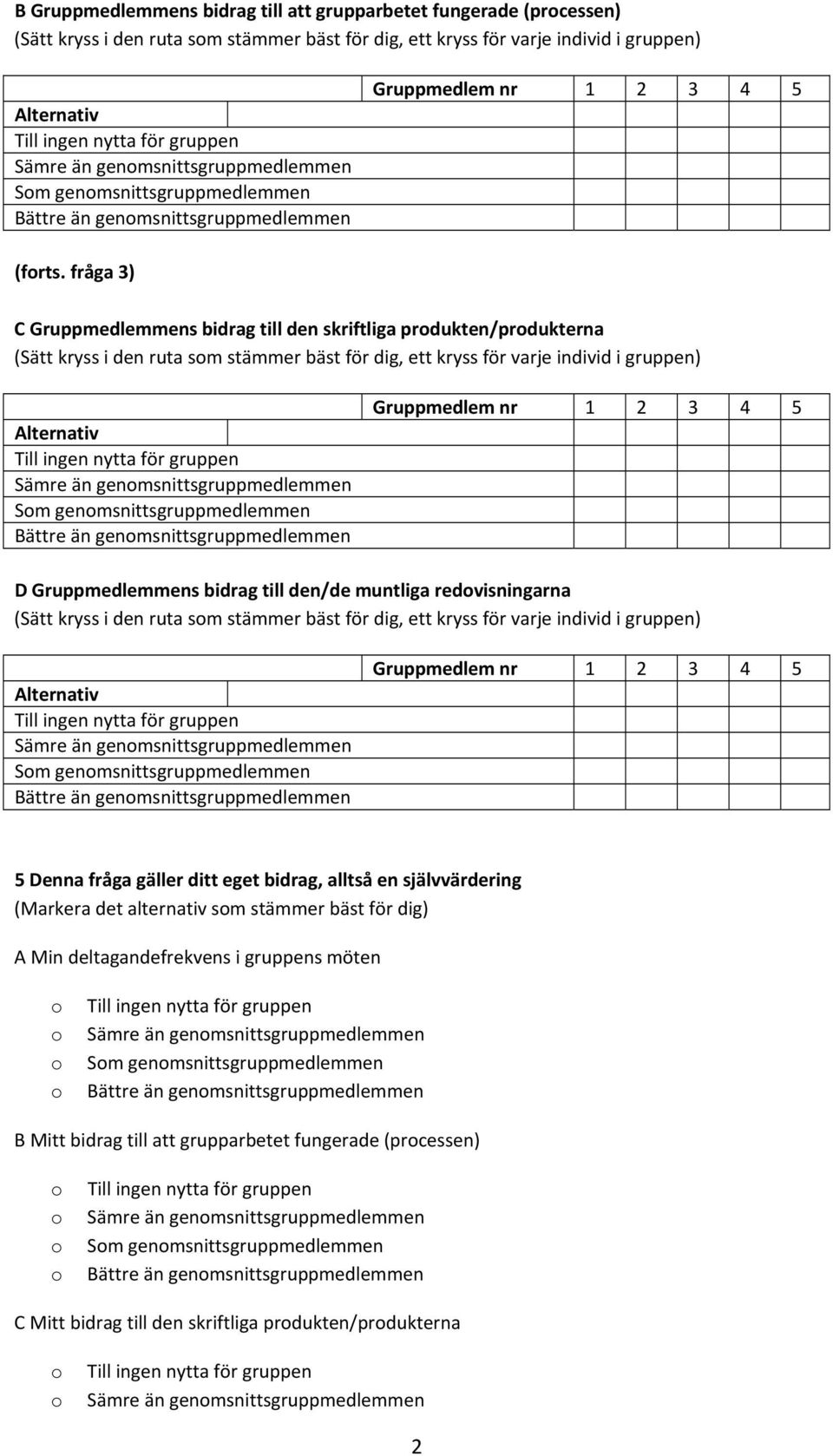 fråga 3) C Gruppmedlemmens bidrag till den skriftliga prdukten/prdukterna (Sätt kryss i den ruta sm stämmer bäst för dig, ett kryss för varje individ i ) Alternativ Till ingen nytta för Sämre än