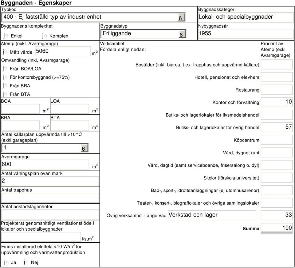 garageplan) 1 Avarmgarage 00 Antal våningsplan ovan mark 2 Antal trapphus m 2 Byggnadstyp Friliggande Verksamhet Fördela enligt nedan: Byggnadskategori Lokal- och specialbyggnader Nybyggnadsår 1955