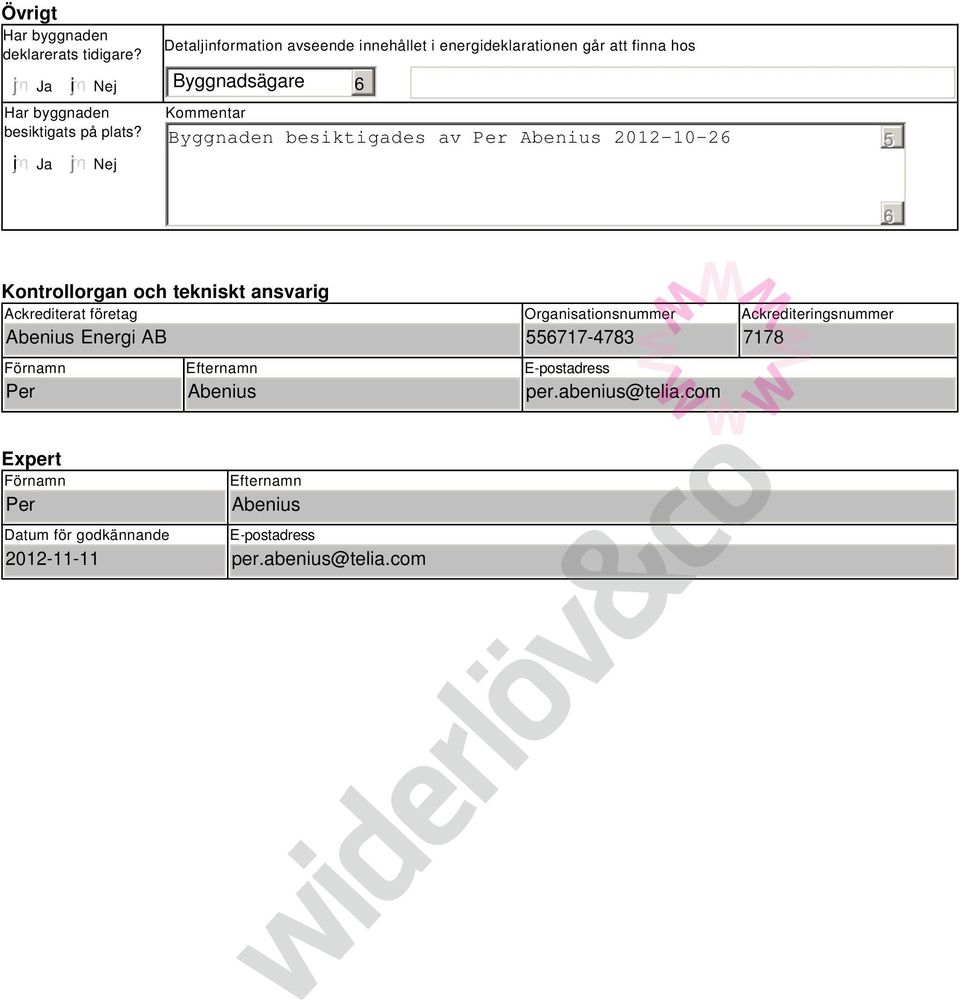 Abenius 2012-10-2 5 Kontrollorgan och tekniskt ansvarig Ackrediterat företag Abenius Energi AB Förnamn Per Efternamn Abenius