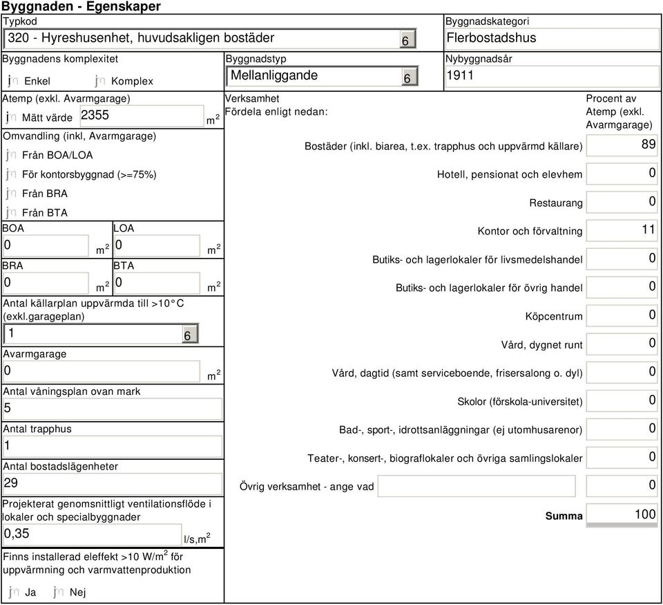 garageplan) 1 Avarmgarage Antal våningsplan ovan mark 5 Antal trapphus 1 Antal bostadslägenheter 29 Projekterat genomsnittligt ventilationsflöde i lokaler och specialbyggnader,35 l/s,m 2 Finns