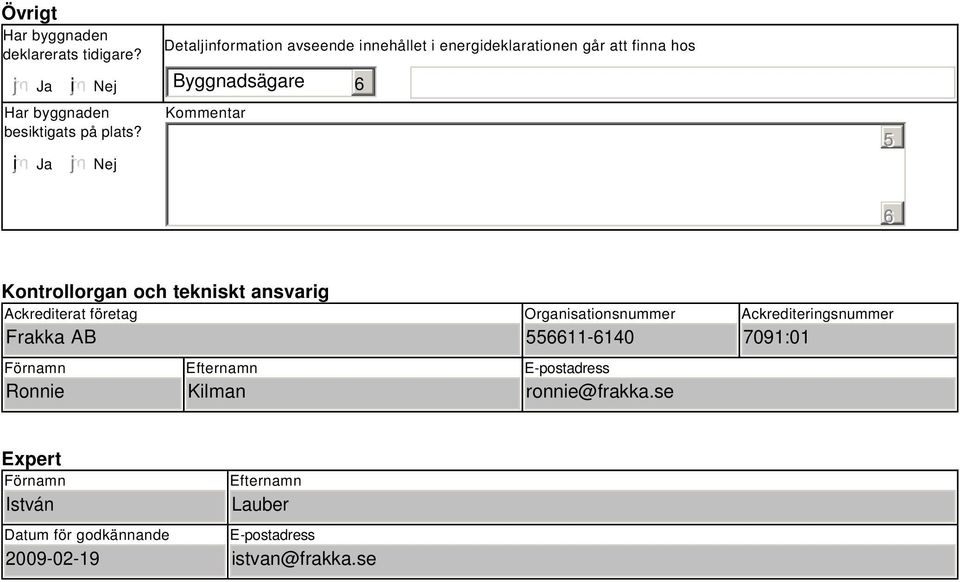 Kontrollorgan och tekniskt ansvarig Ackrediterat företag Frakka AB Förnamn Ronnie Efternamn Kilman Organisationsnummer