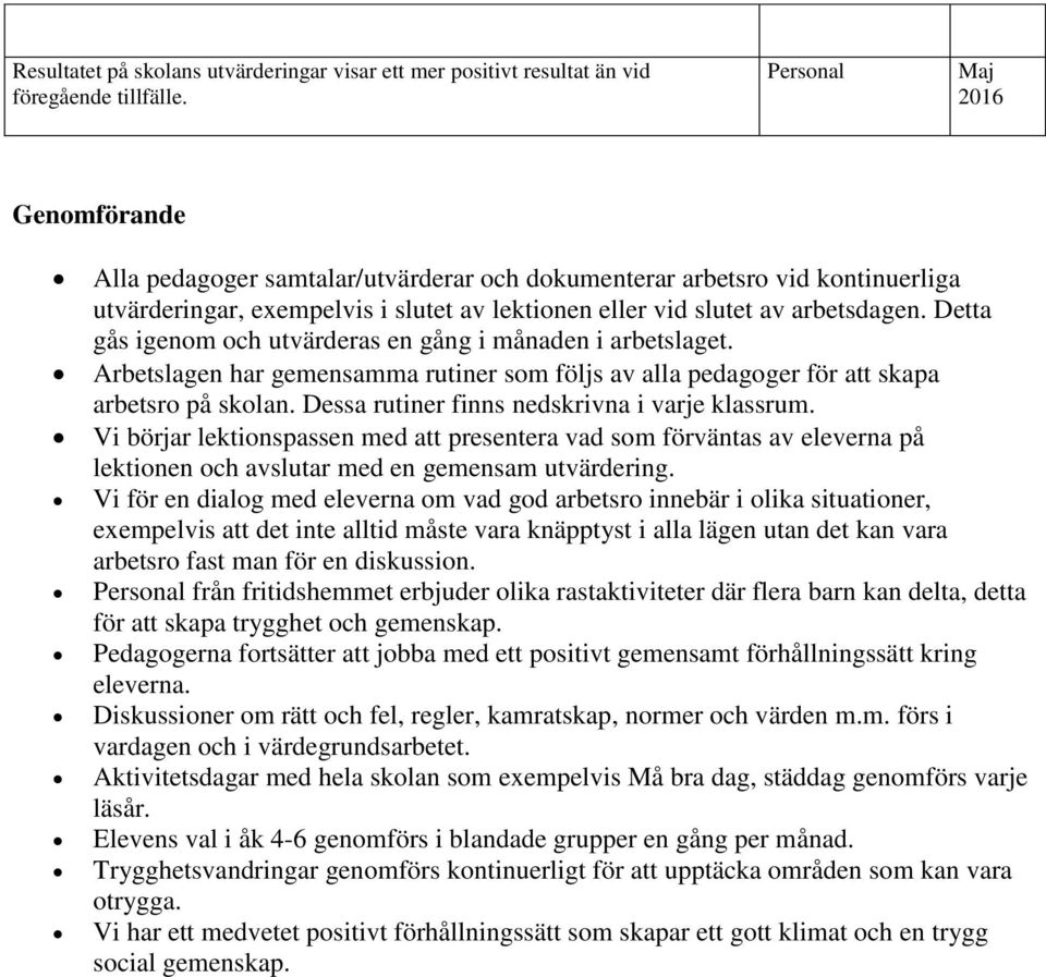 Detta gås igenom och utvärderas en gång i månaden i arbetslaget. Arbetslagen har gemensamma rutiner som följs av alla pedagoger för att skapa arbetsro på skolan.