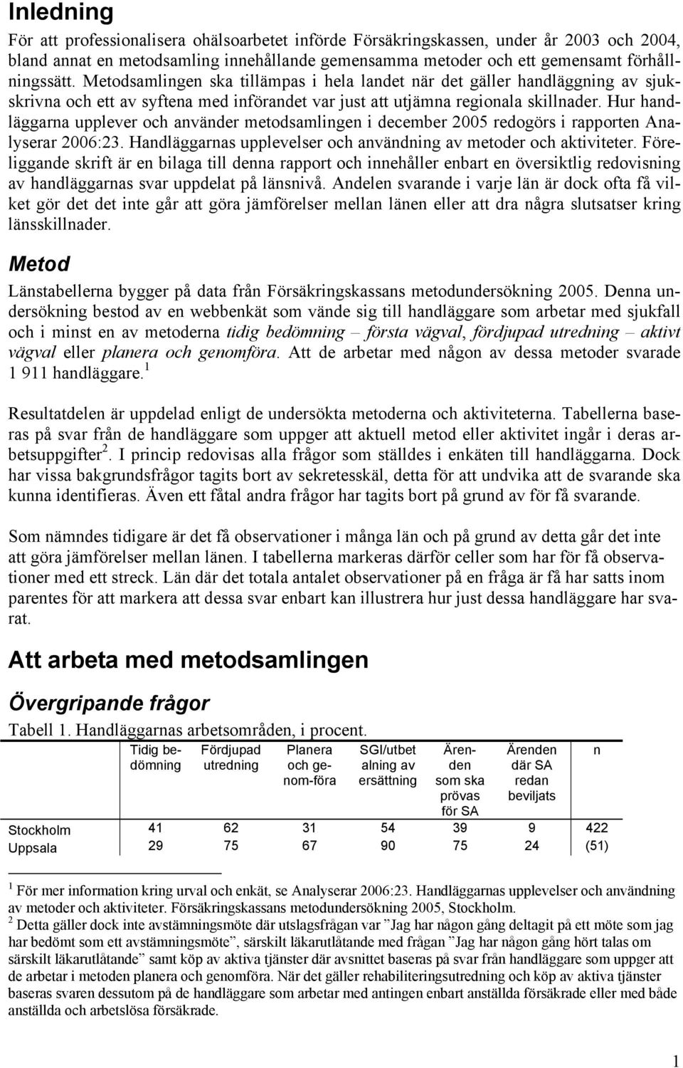 Hur handläggarna upplever och använder metodsamlingen i december 2005 redogörs i rapporten Analyserar 2006:23. Handläggarnas upplevelser och användning av metoder och aktiviteter.