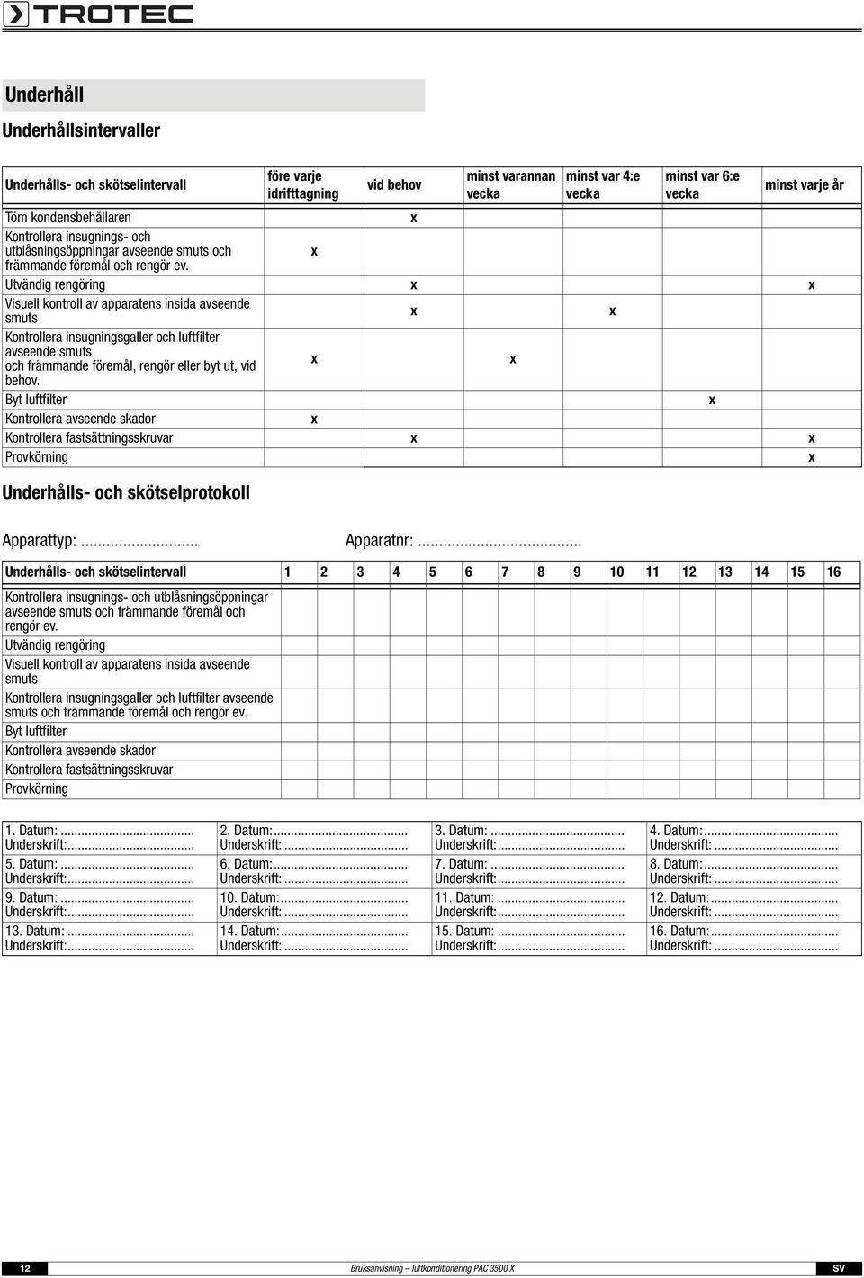 Utvändig rengöring x x Visuell kontroll av apparatens insida avseende smuts x x Kontrollera insugningsgaller och luftfilter avseende smuts och främmande föremål, rengör eller byt ut, vid x x behov.