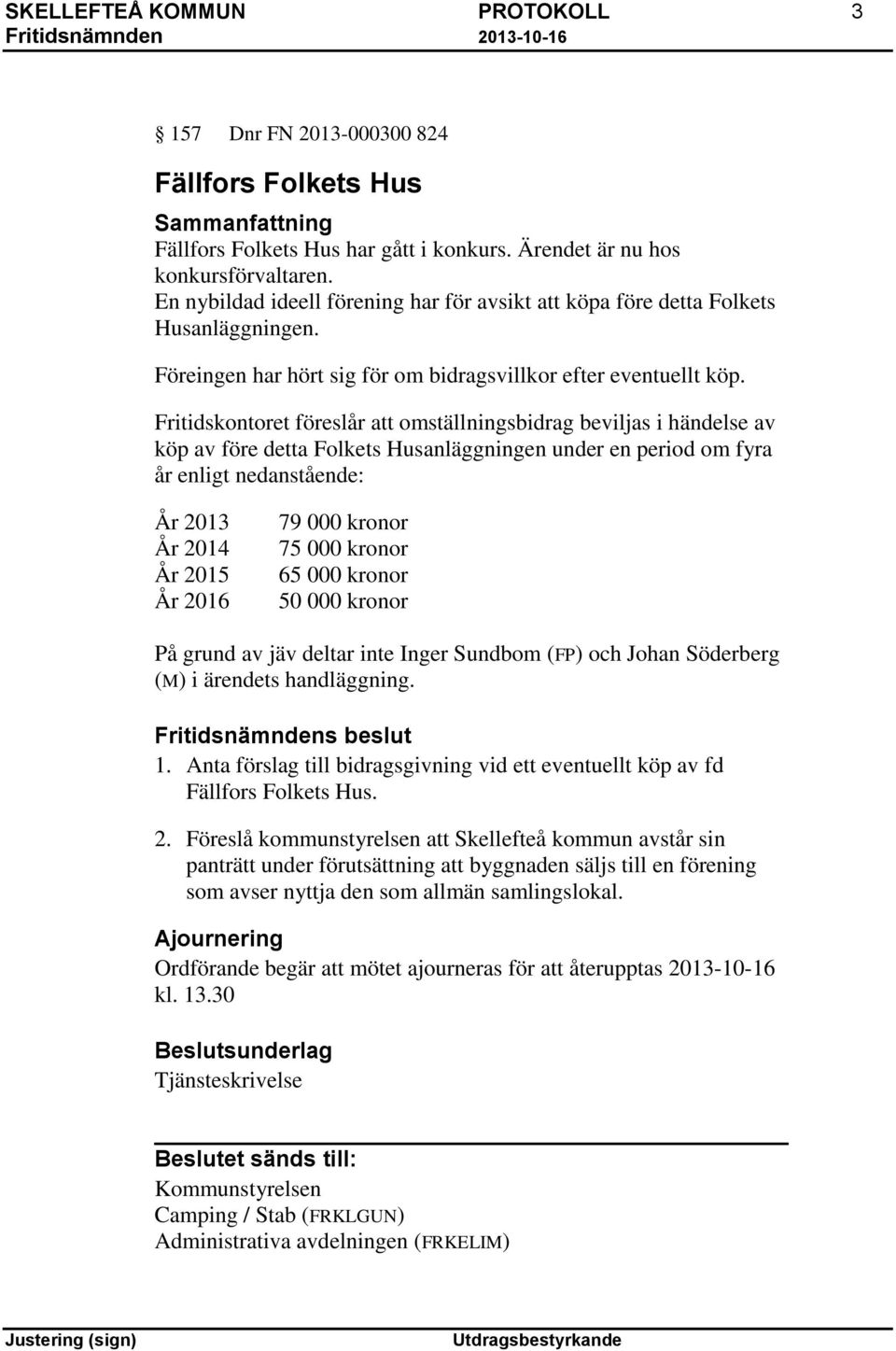 Fritidskontoret föreslår att omställningsbidrag beviljas i händelse av köp av före detta Folkets Husanläggningen under en period om fyra år enligt nedanstående: År 2013 År 2014 År 2015 År 2016 79 000