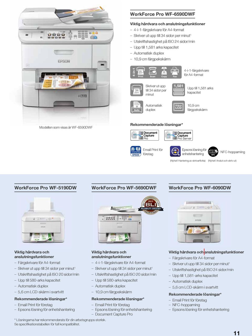 9cm 10,9 cm färgpekskärm Modellen som visas är WF-6590DWF Email Print för företag Epsons lösning för enhetshantering (Nyhet! Hantering av skrivarflotta) NFC-hopparning (Nyhet!