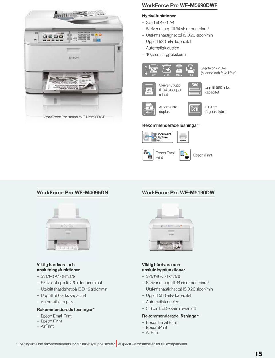 9cm 10,9 cm färgpekskärm Epson Email Print Epson iprint WorkForce Pro WF-M4095DN WorkForce Pro WF-M5190DW Viktig hårdvara och anslutningsfunktioner Svartvit A4-skrivare Skriver ut upp till 26 sidor