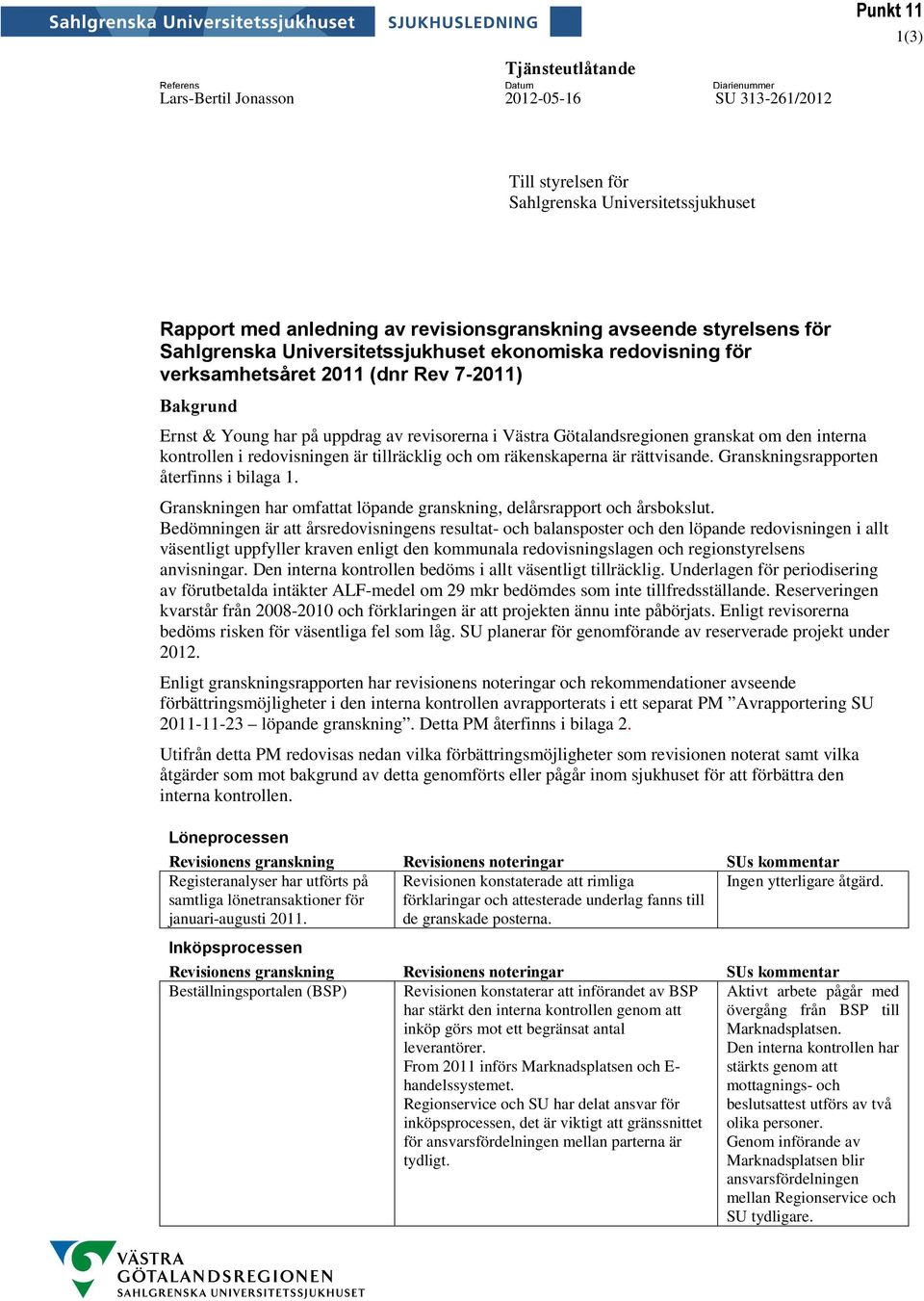 Västra Götalandsregionen granskat om den interna kontrollen i redovisningen är tillräcklig och om räkenskaperna är rättvisande. Granskningsrapporten återfinns i bilaga 1.