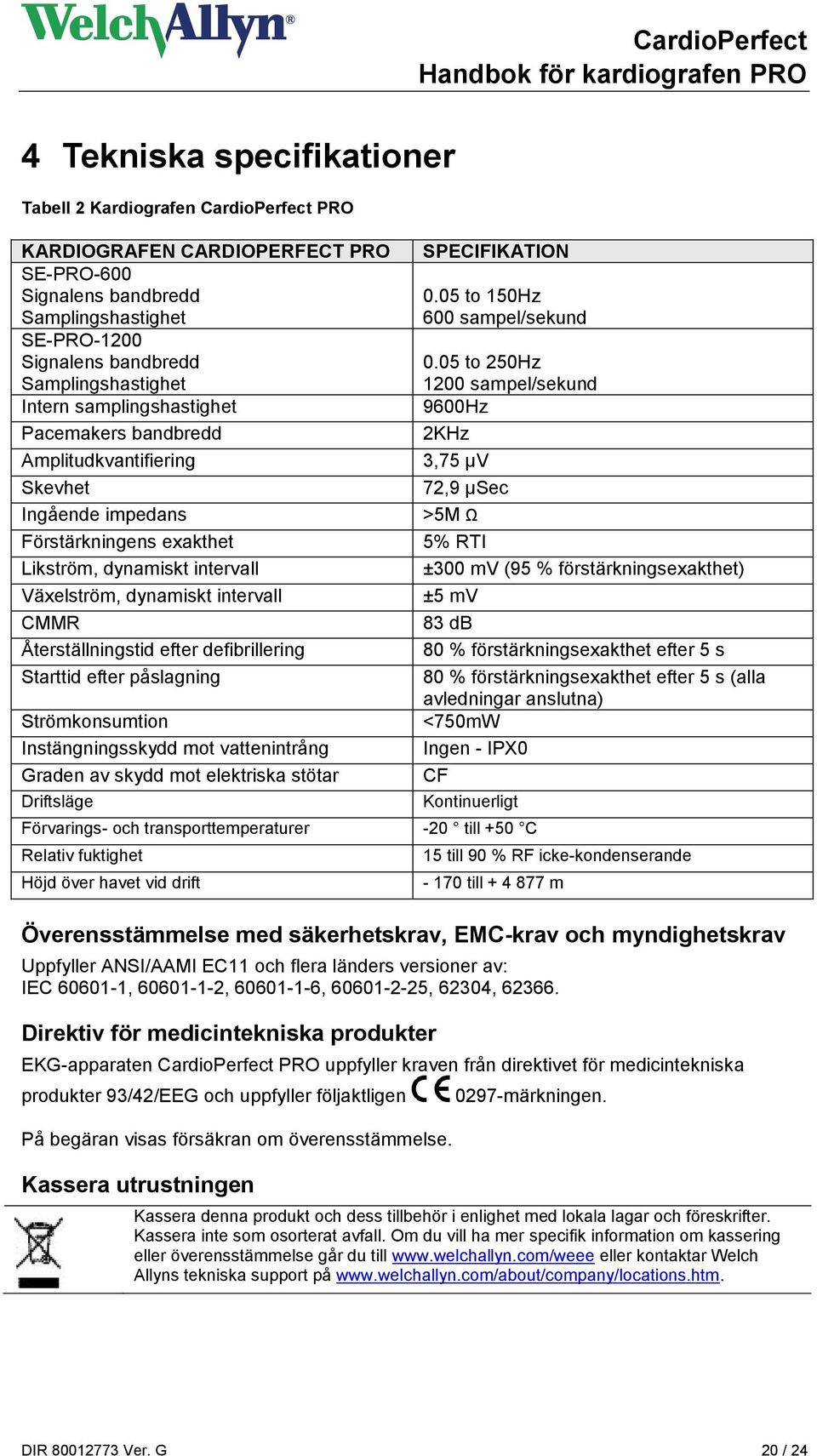 Återställningstid efter defibrillering Starttid efter påslagning Strömkonsumtion Instängningsskydd mot vattenintrång Graden av skydd mot elektriska stötar Driftsläge SPECIFIKATION 0.