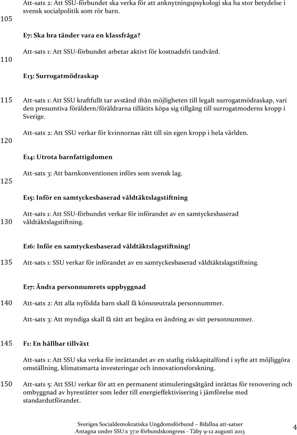 E13: Surrogatmödraskap 115 120 Att- sats 1: Att SSU kraftfullt tar avstånd ifrån möjligheten till legalt surrogatmödraskap, vari den presumtiva föräldern/föräldrarna tillåtits köpa sig tillgång till