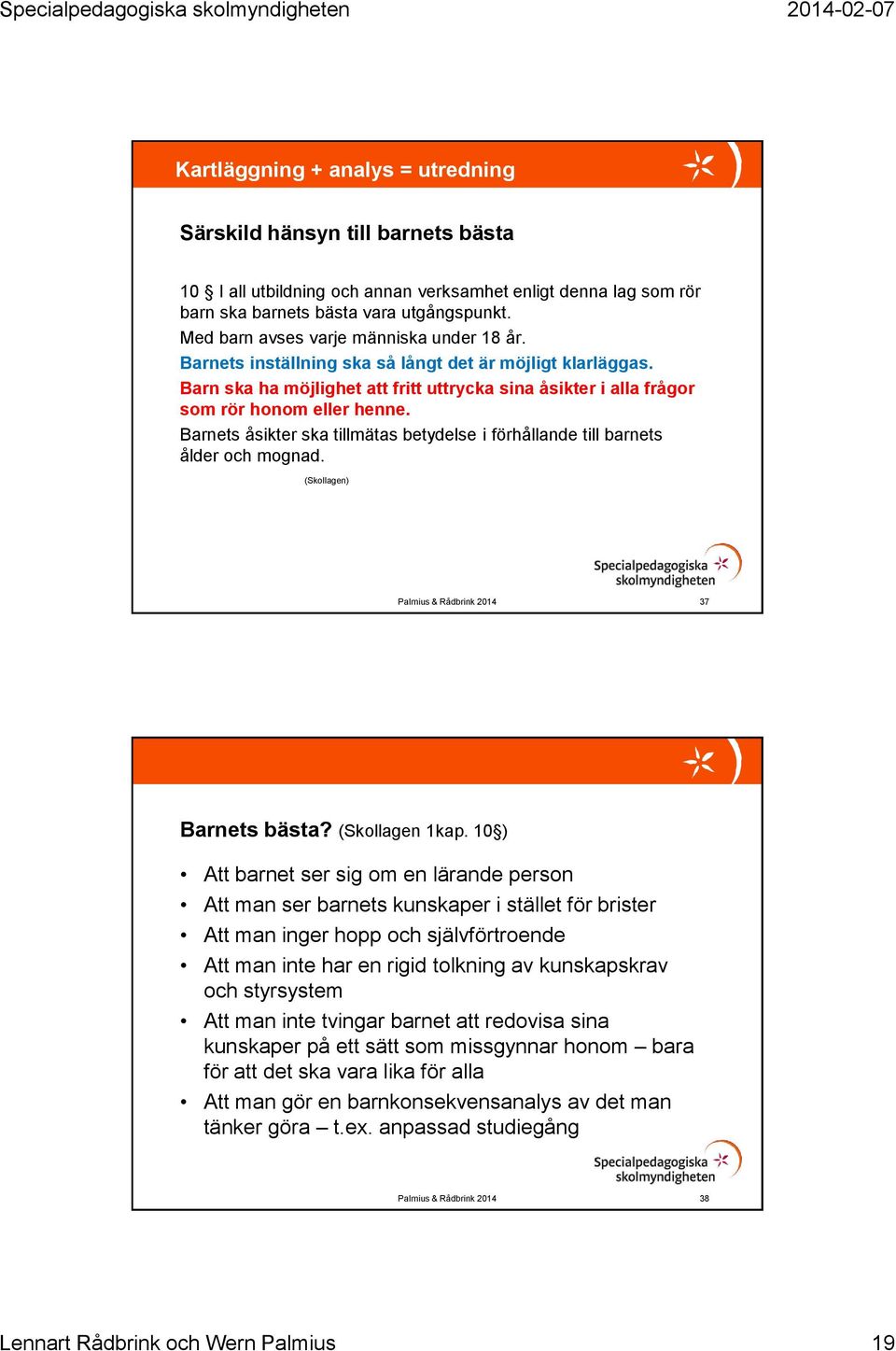 Barnets åsikter ska tillmätas betydelse i förhållande till barnets ålder och mognad. (Skollagen) Palmius & Rådbrink 2014 37 Barnets bästa? (Skollagen 1kap.