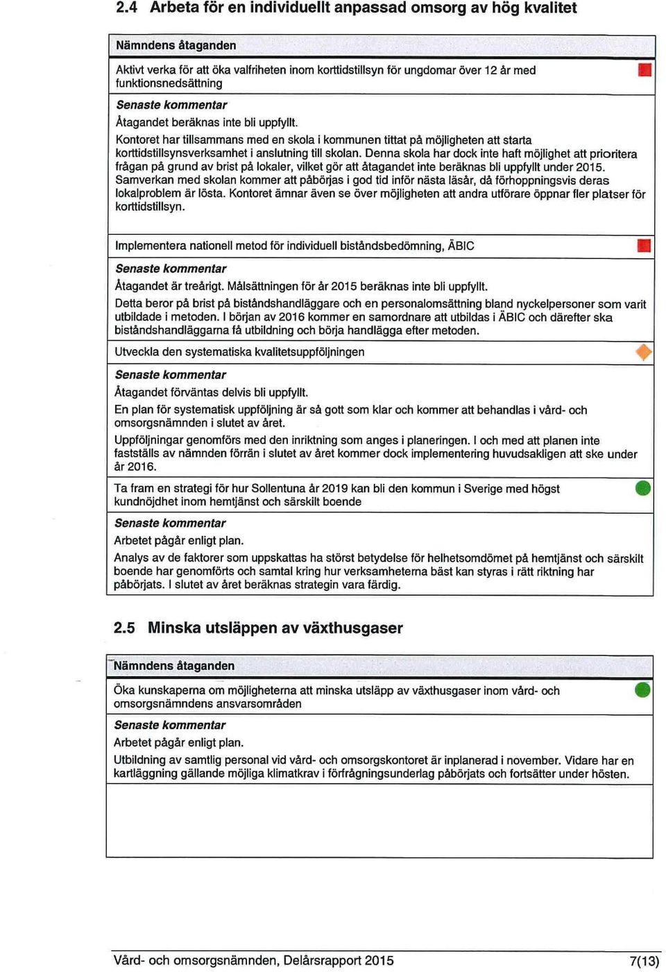 Denna skola har dock inte haft möjlighet att prioritera frågan på grund av brist på lokaler, vilket gör att åtagandet inte beräknas bli uppfyllt under 2015.