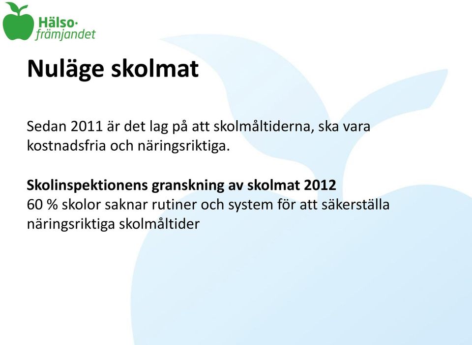 Skolinspektionens granskning av skolmat 2012 60 % skolor