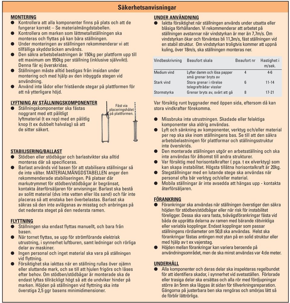 Den säkra arbetsbelastningen är 150kg per plattform upp till ett maximum om 950kg per ställning (inklusive självvikt). Denna får ej överskridas.