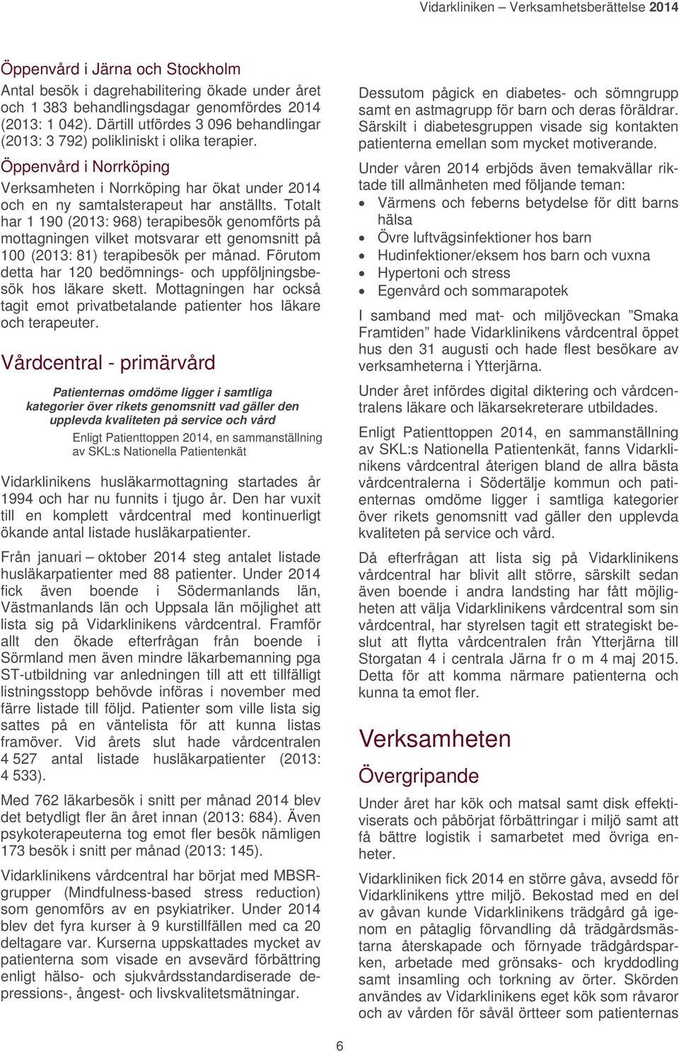 Totalt har 1 190 (2013: 968) terapibesök genomförts på mottagningen vilket motsvarar ett genomsnitt på 100 (2013: 81) terapibesök per månad.